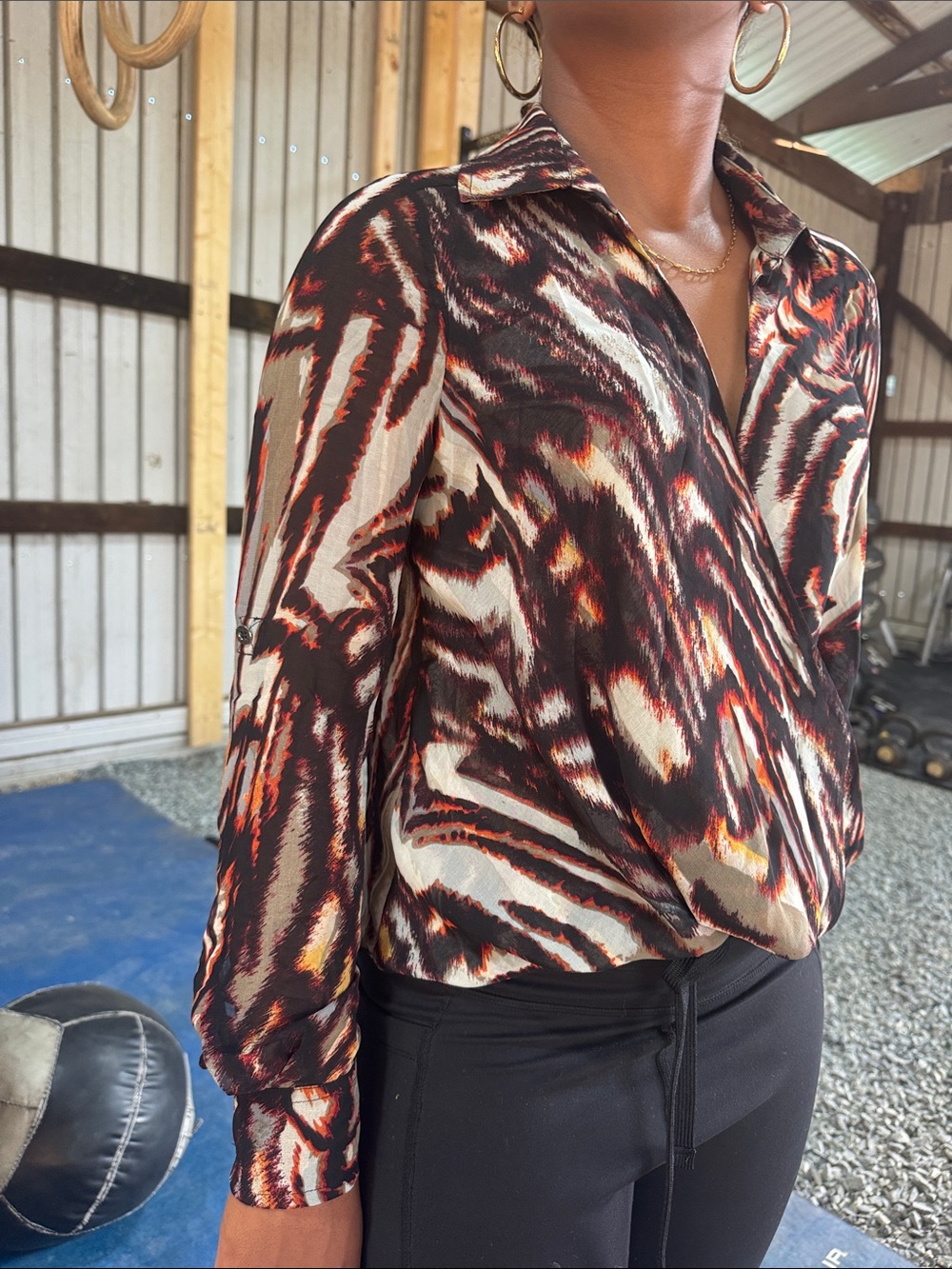 bebe Abstract Animal-Print Surplice Blouse in Black, Cream & Brown